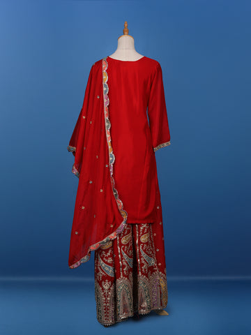 Red Floral Designed Semi Silk Straight Cut Salwar Suit - Diadem