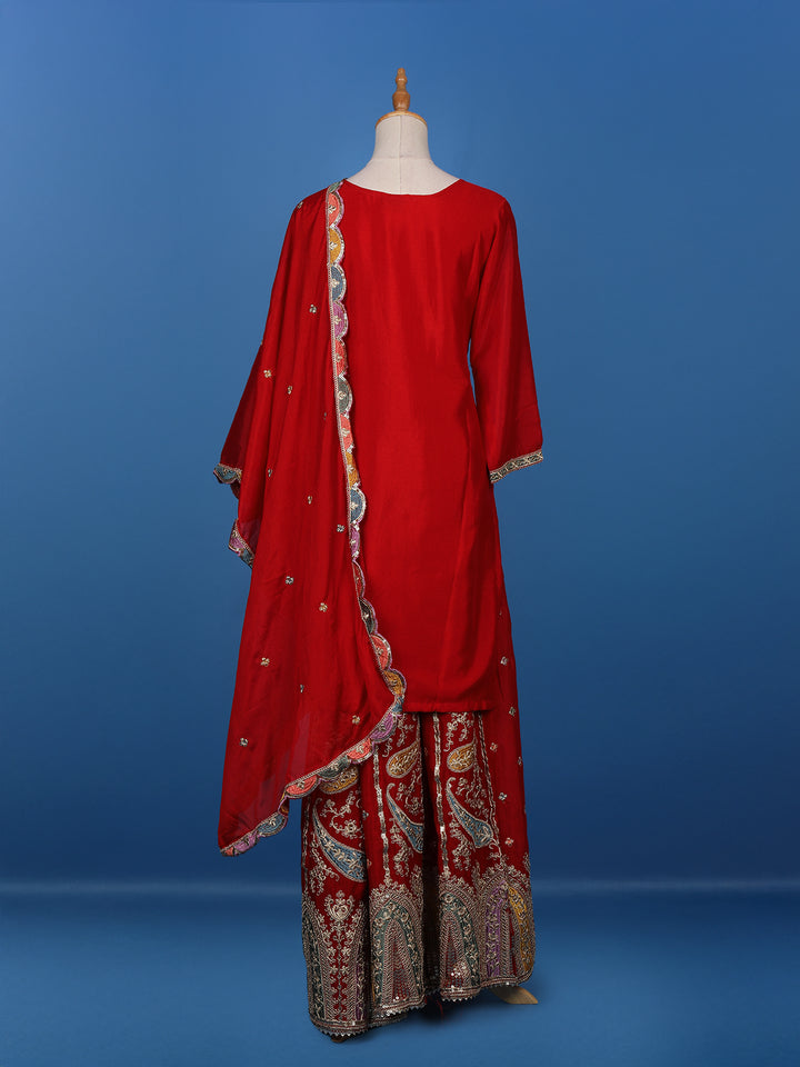 Red Floral Designed Semi Silk Straight Cut Salwar Suit - Diadem