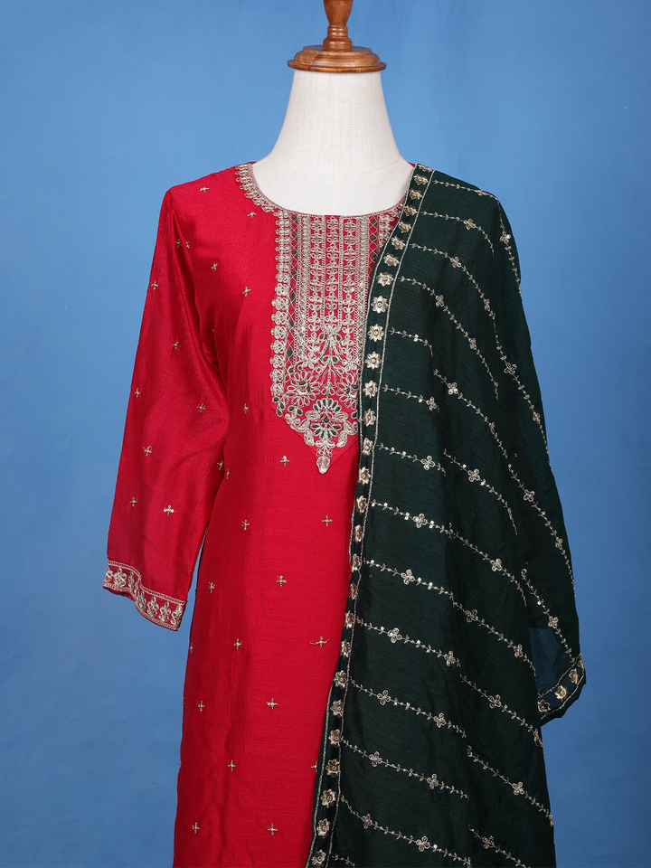 Red Floral Designed Silk Salwar Suit With Dupatta - Diadem