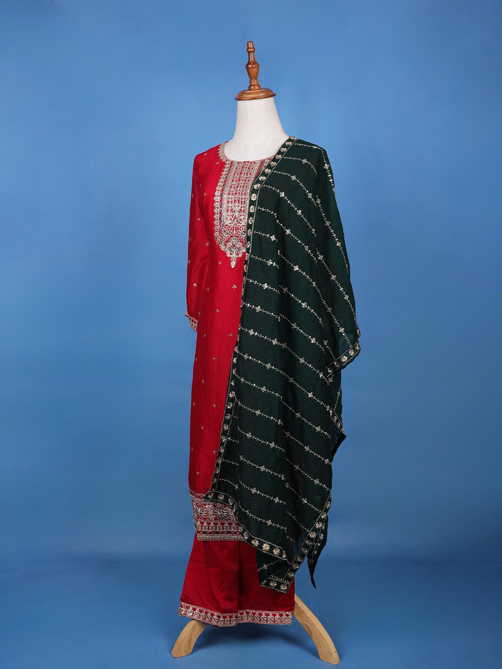 Red Floral Designed Silk Salwar Suit With Dupatta - Diadem