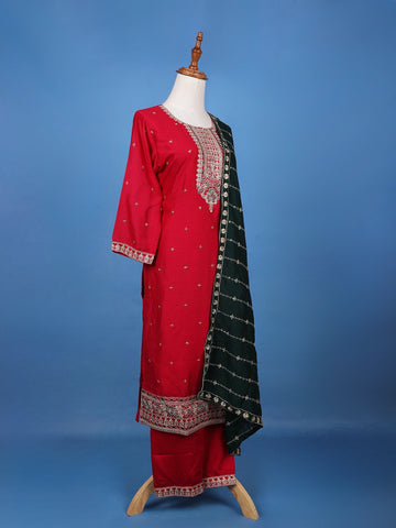 Red Floral Designed Silk Salwar Suit With Dupatta - Diadem