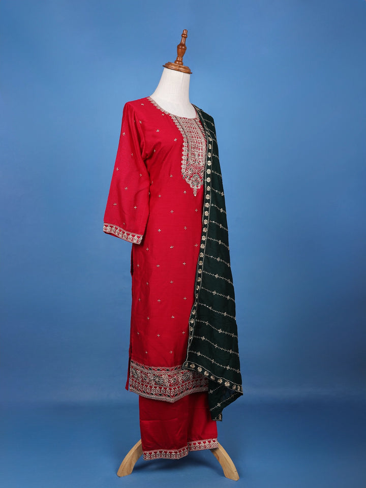Red Floral Designed Silk Salwar Suit With Dupatta - Diadem