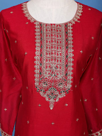 Red Floral Designed Silk Salwar Suit With Dupatta - Diadem