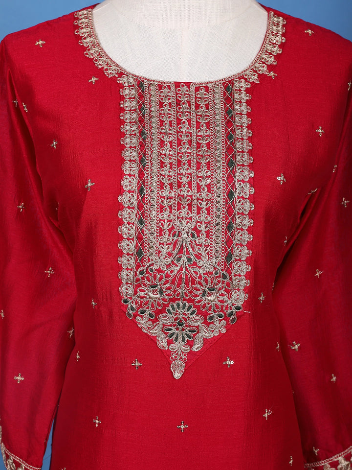 Red Floral Designed Silk Salwar Suit With Dupatta - Diadem