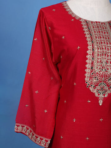 Red Floral Designed Silk Salwar Suit With Dupatta - Diadem