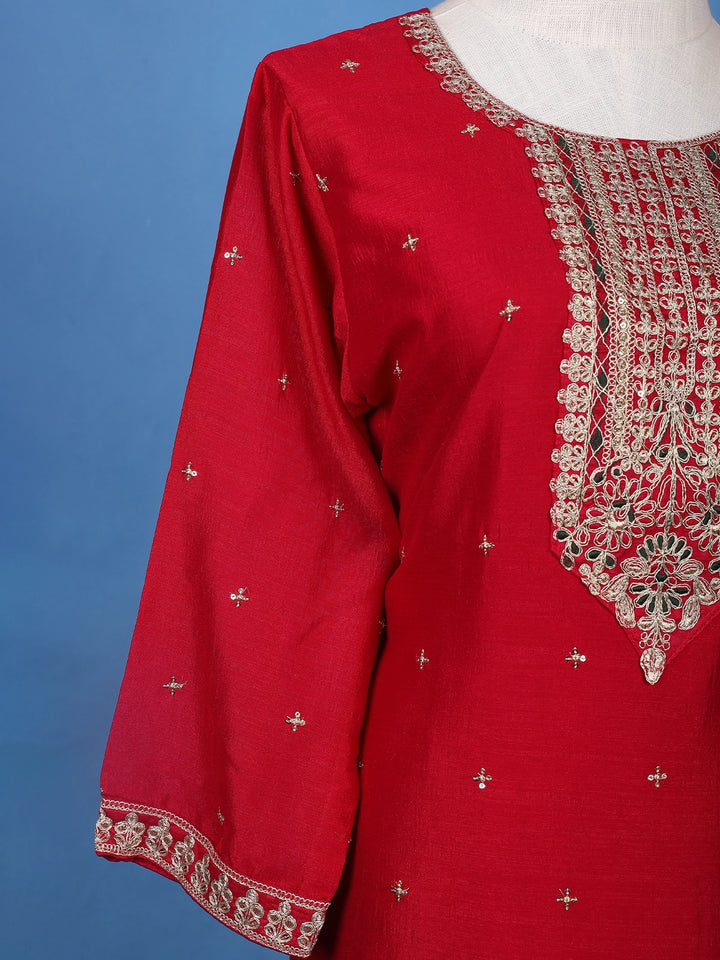 Red Floral Designed Silk Salwar Suit With Dupatta - Diadem