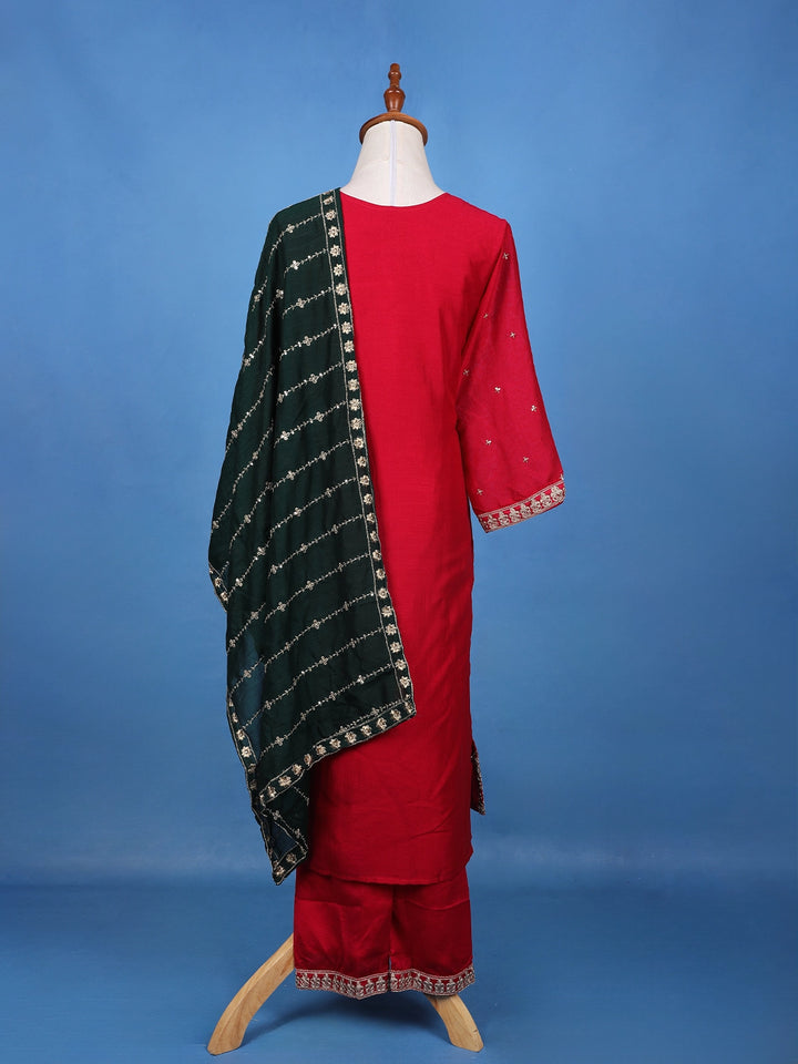 Red Floral Designed Silk Salwar Suit With Dupatta - Diadem
