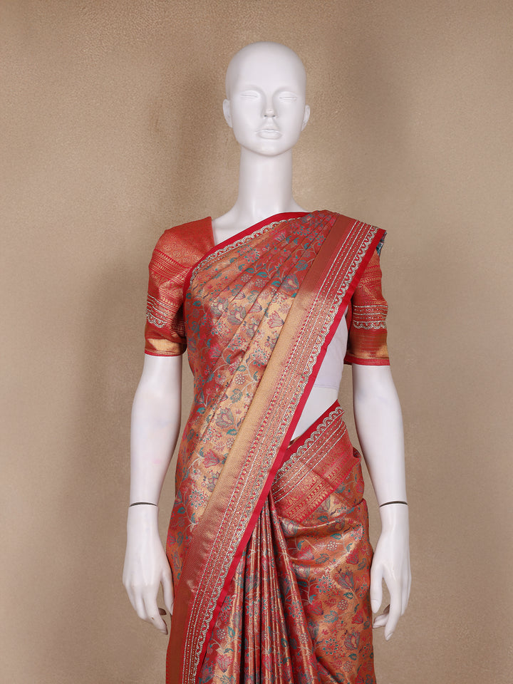 Red Floral Woven Banarasi Silk Saree - Diadem