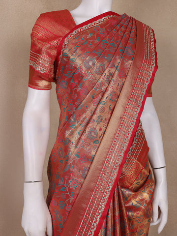 Red Floral Woven Banarasi Silk Saree - Diadem