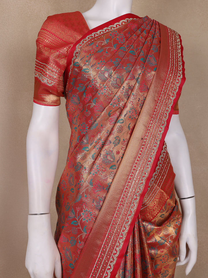 Red Floral Woven Banarasi Silk Saree - Diadem