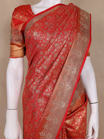 Red Floral Woven Banarasi Silk Saree - Diadem