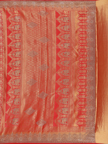 Red Floral Woven Banarasi Silk Saree - Diadem