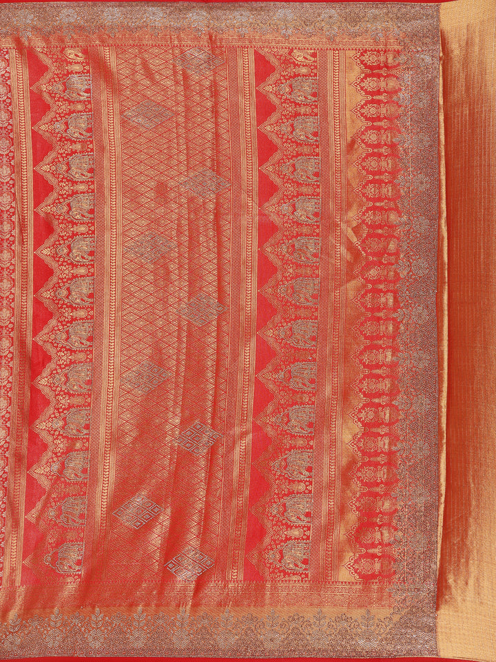 Red Floral Woven Banarasi Silk Saree - Diadem