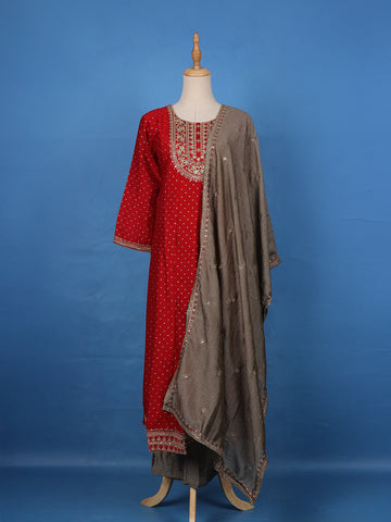 Red Floral Embroidered Georgette Salwar Suit - Diadem