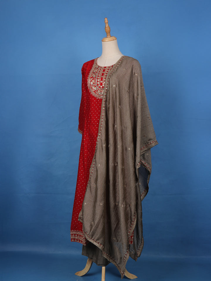 Red Floral Embroidered Georgette Salwar Suit - Diadem
