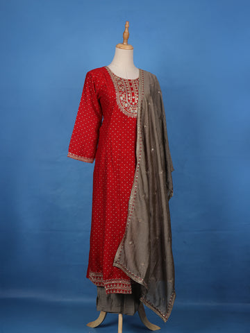 Red Floral Embroidered Georgette Salwar Suit - Diadem