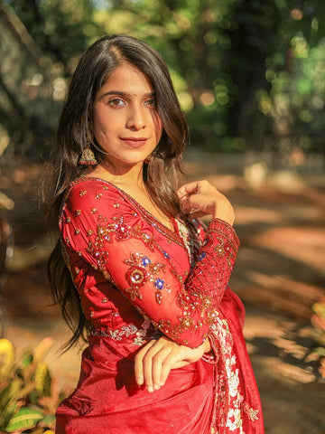 Red Floral Embroidered Net Bridal Designer Saree - Diadem