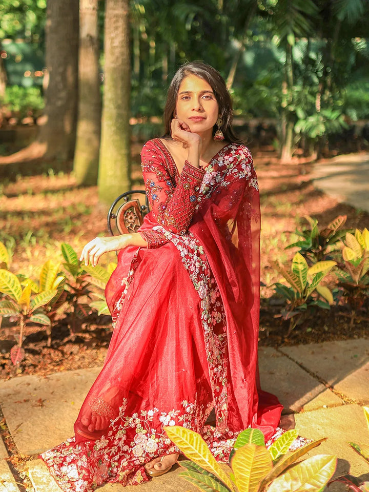 Red Floral Embroidered Net Bridal Designer Saree - Diadem