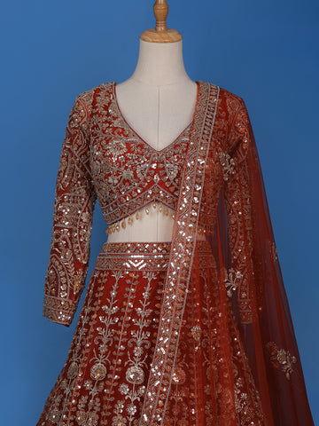 Red Floral Embroidered Net Lehenga for Brides - Diadem