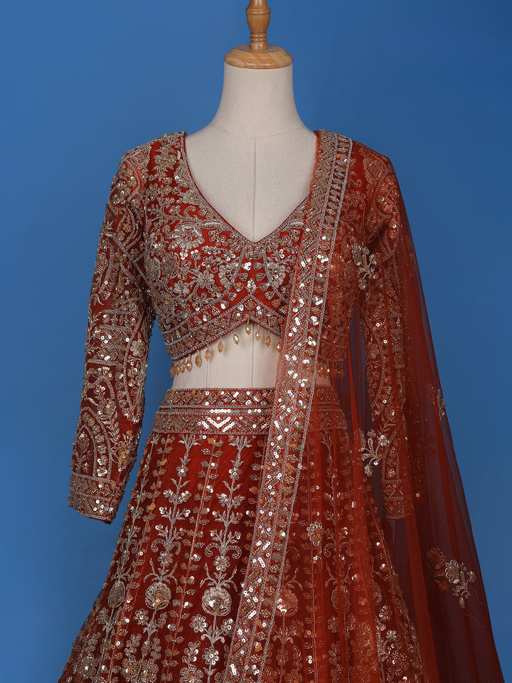 Red Floral Embroidered Net Lehenga for Brides - Diadem