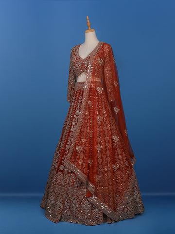 Red Floral Embroidered Net Lehenga for Brides - Diadem