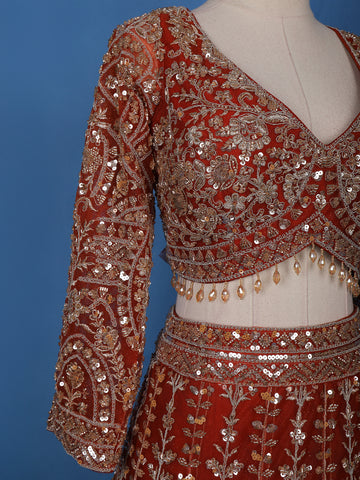Red Floral Embroidered Net Lehenga for Brides - Diadem