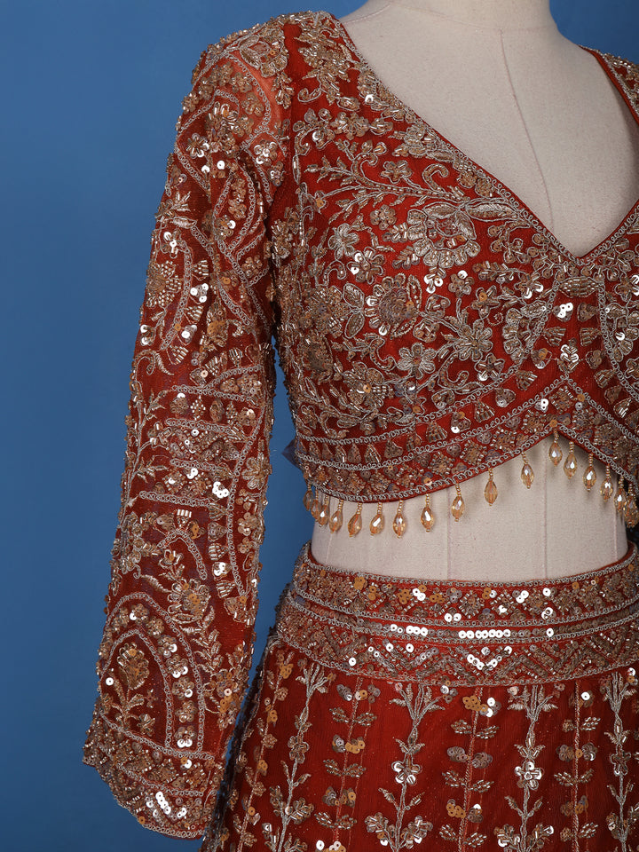 Red Floral Embroidered Net Lehenga for Brides - Diadem