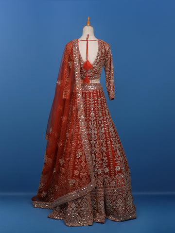 Red Floral Embroidered Net Lehenga for Brides - Diadem