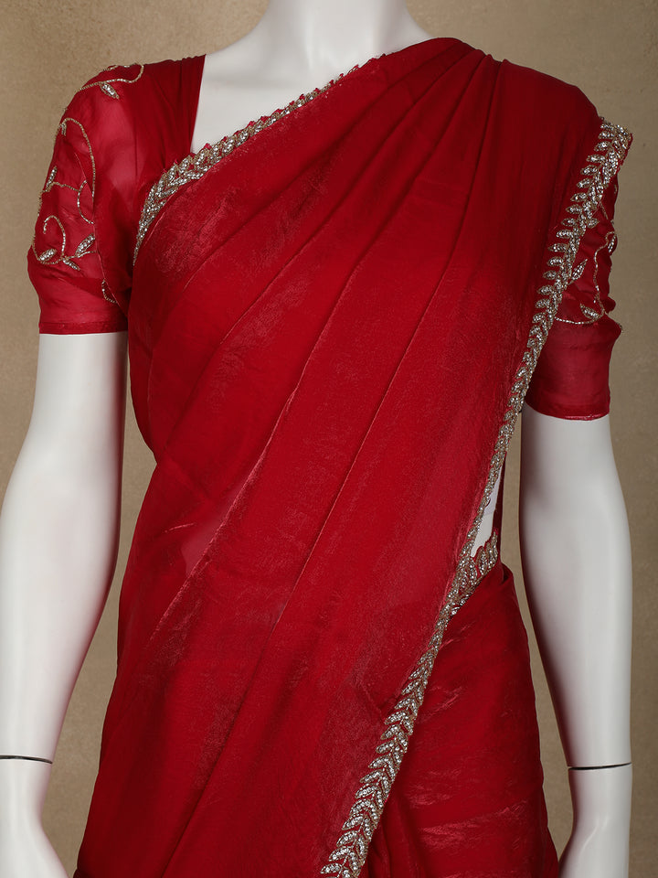 Red Floral Embroidered Organza Designer Saree - Diadem
