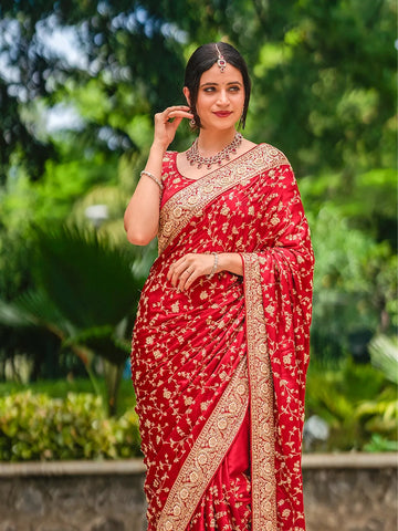 Red Floral Embroidered Satin Bridal Designer Saree - Diadem