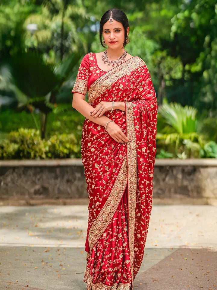 Red Floral Embroidered Satin Bridal Designer Saree - Diadem
