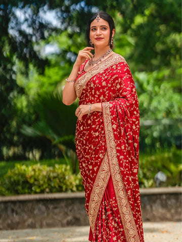 Red Floral Embroidered Satin Bridal Designer Saree - Diadem
