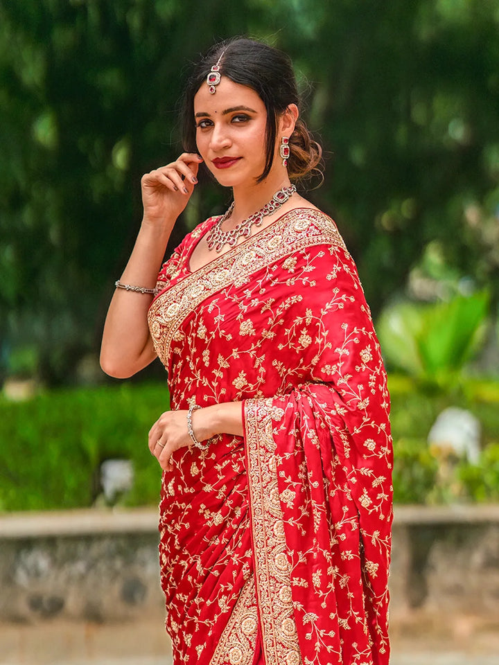Red Floral Embroidered Satin Bridal Designer Saree - Diadem