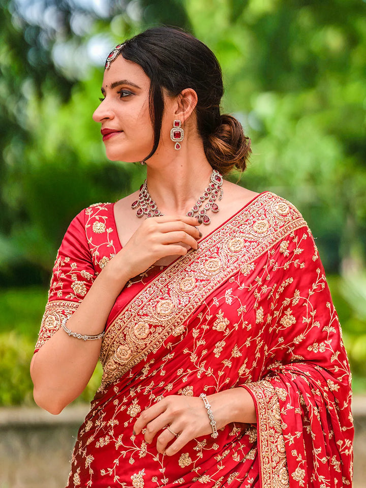 Red Floral Embroidered Satin Bridal Designer Saree - Diadem