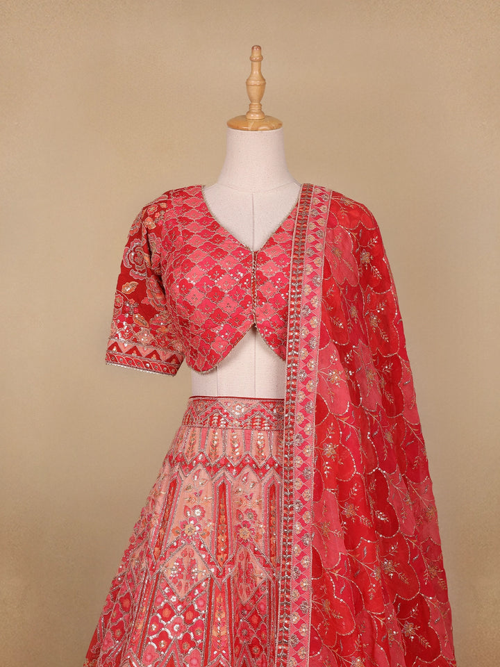 Red Floral Embroidered Semi Silk Lehenga for Brides - Diadem