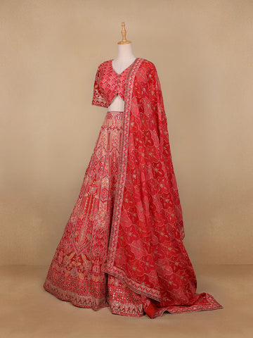 Red Floral Embroidered Semi Silk Lehenga for Brides - Diadem