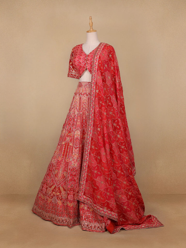 Red Floral Embroidered Semi Silk Lehenga for Brides - Diadem