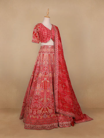 Red Floral Embroidered Semi Silk Lehenga for Brides - Diadem
