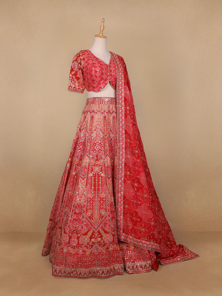 Red Floral Embroidered Semi Silk Lehenga for Brides - Diadem