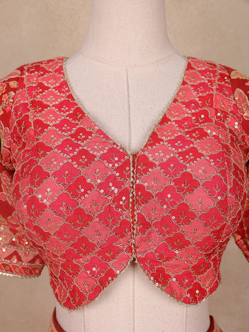 Red Floral Embroidered Semi Silk Lehenga for Brides - Diadem