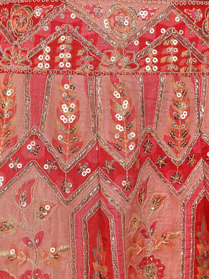 Red Floral Embroidered Semi Silk Lehenga for Brides - Diadem