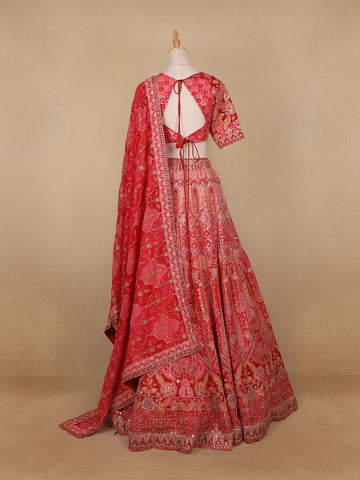 Red Floral Embroidered Semi Silk Lehenga for Brides - Diadem