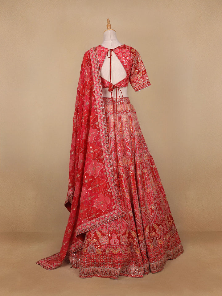 Red Floral Embroidered Semi Silk Lehenga for Brides - Diadem