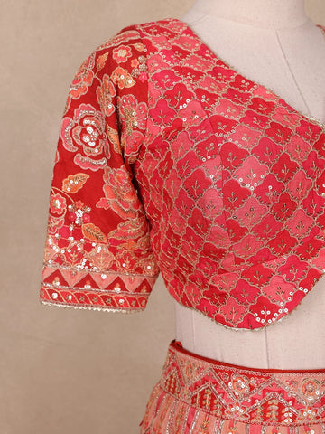 Red Floral Embroidered Semi Silk Lehenga for Brides - Diadem
