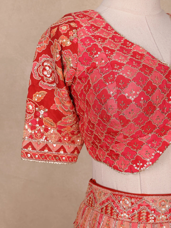 Red Floral Embroidered Semi Silk Lehenga for Brides - Diadem