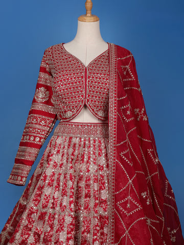 Red Floral Embroidered Semi Silk Lehenga for Bridesmaids - Diadem