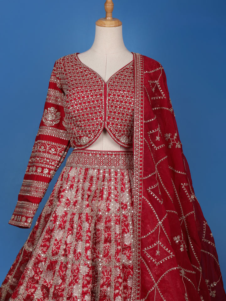 Red Floral Embroidered Semi Silk Lehenga for Bridesmaids - Diadem
