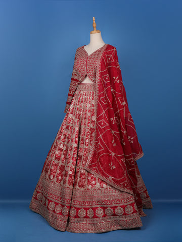 Red Floral Embroidered Semi Silk Lehenga for Bridesmaids - Diadem