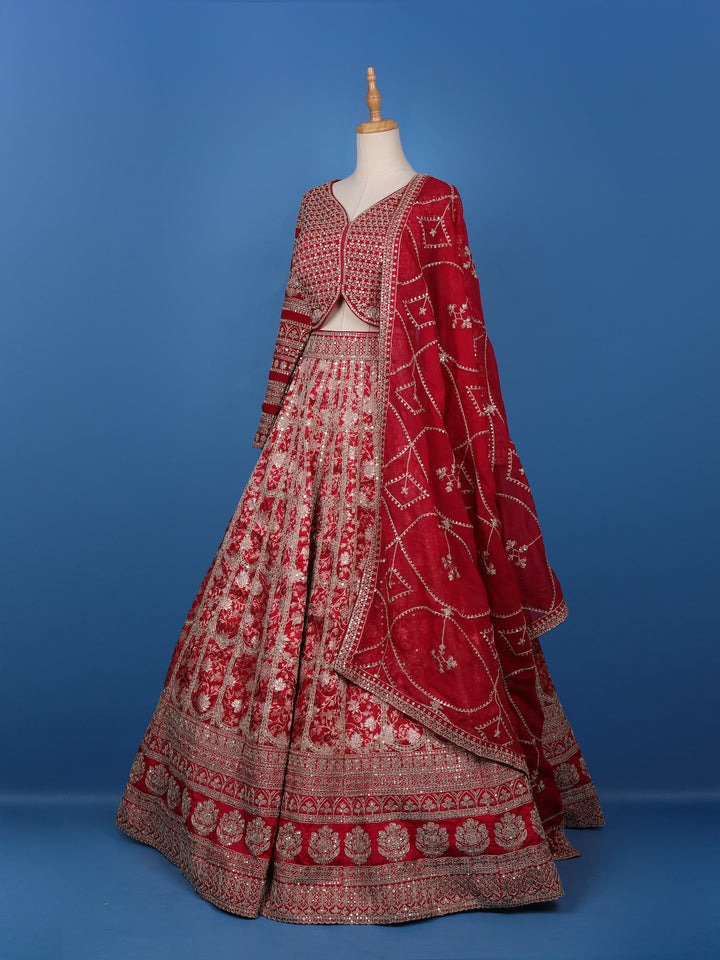 Red Floral Embroidered Semi Silk Lehenga for Bridesmaids - Diadem