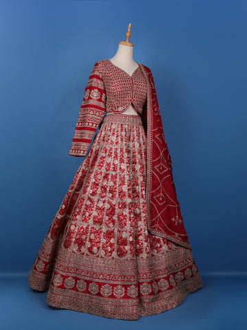 Red Floral Embroidered Semi Silk Lehenga for Bridesmaids - Diadem